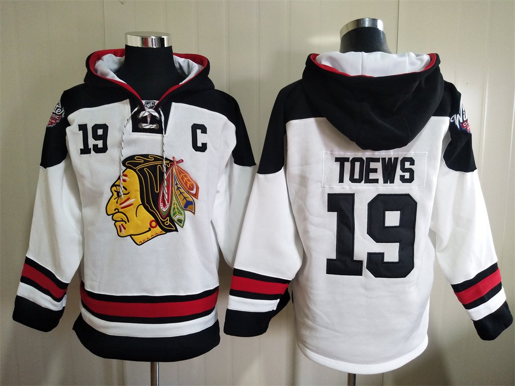 Men's Chicago Blackhawks #19 Jonathan Toews White Lace-Up Pullover Hoodie Jersey